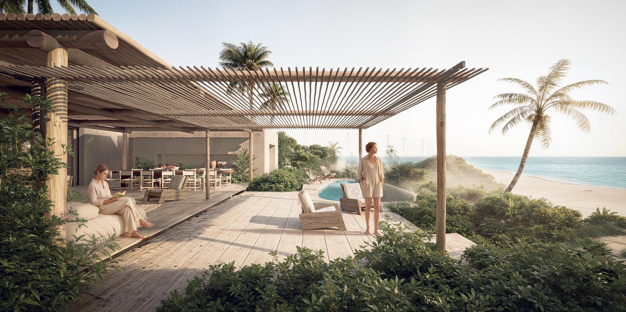 Casa Mar : terrasse sous la pergola en bois, piscine et plage au fond